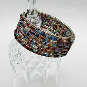 Multicolor Beaded Cuff Bracelet – Mosaic Stripe Design (Size M)